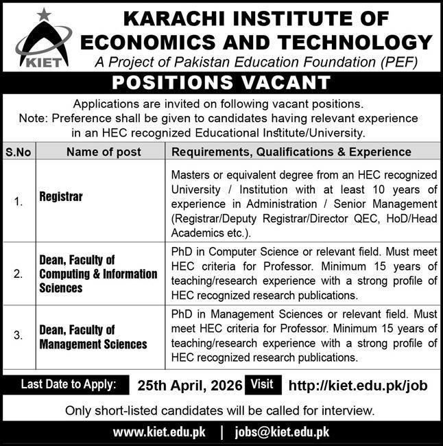 Jobs At PAF KIET Karachi Institute Of Economics 2026