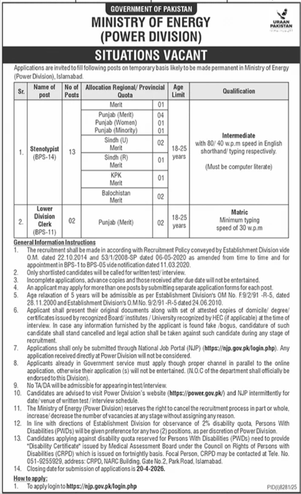 Ministry Of Energy Sindh Jobs 2026 Online Applications