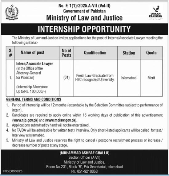 Ministry Of Law and Justice Pakistan Merit Jobs 2026