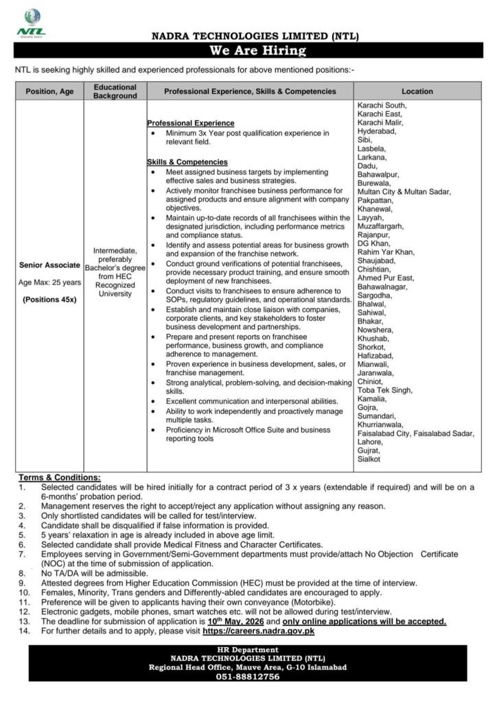 NADRA Technologies Limited NTL Jobs in Sindh 2026