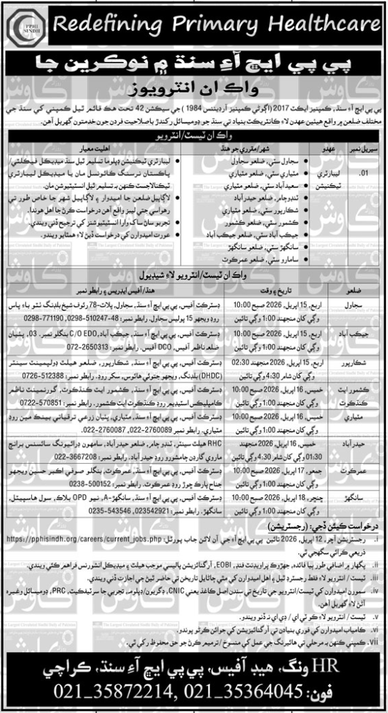 PPHI Sindh Jobs Opportunities April 2026 Apply Online