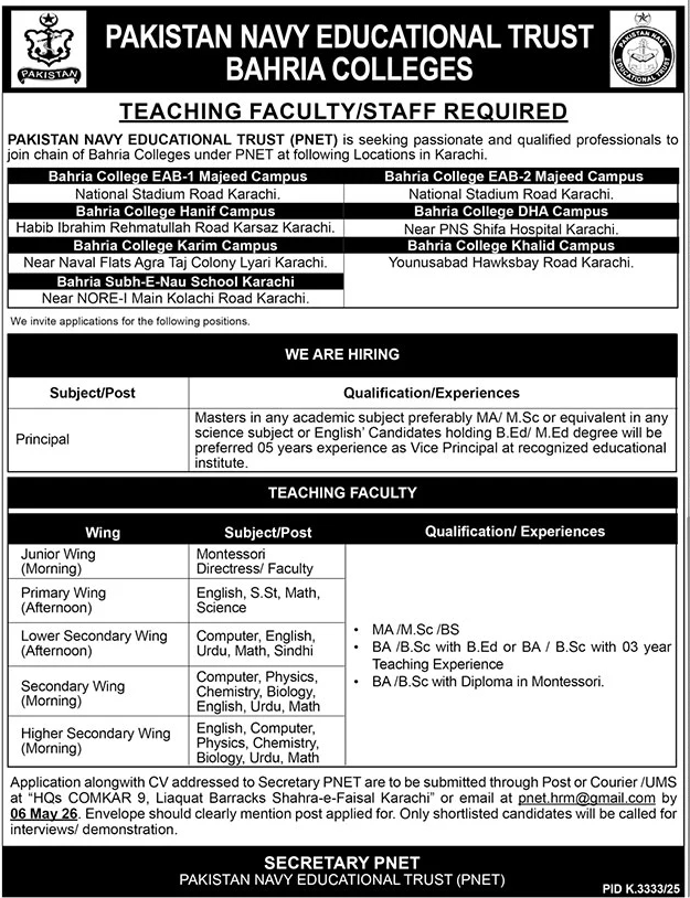 Pakistan Navy Educational Trust Sindh Jobs 2026