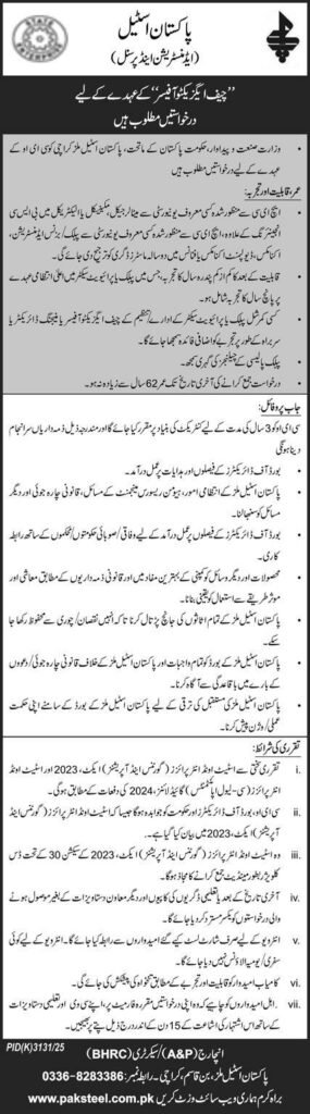 Pakistan Steel Limited Karachi Jobs 2026 For Chief Executive Officer