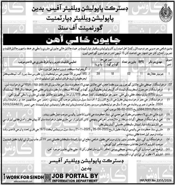 Population Welfare Department Badin Jobs 2026