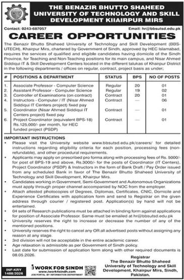 Shaheed University Of Technology and Skill Development Sindh Jobs
