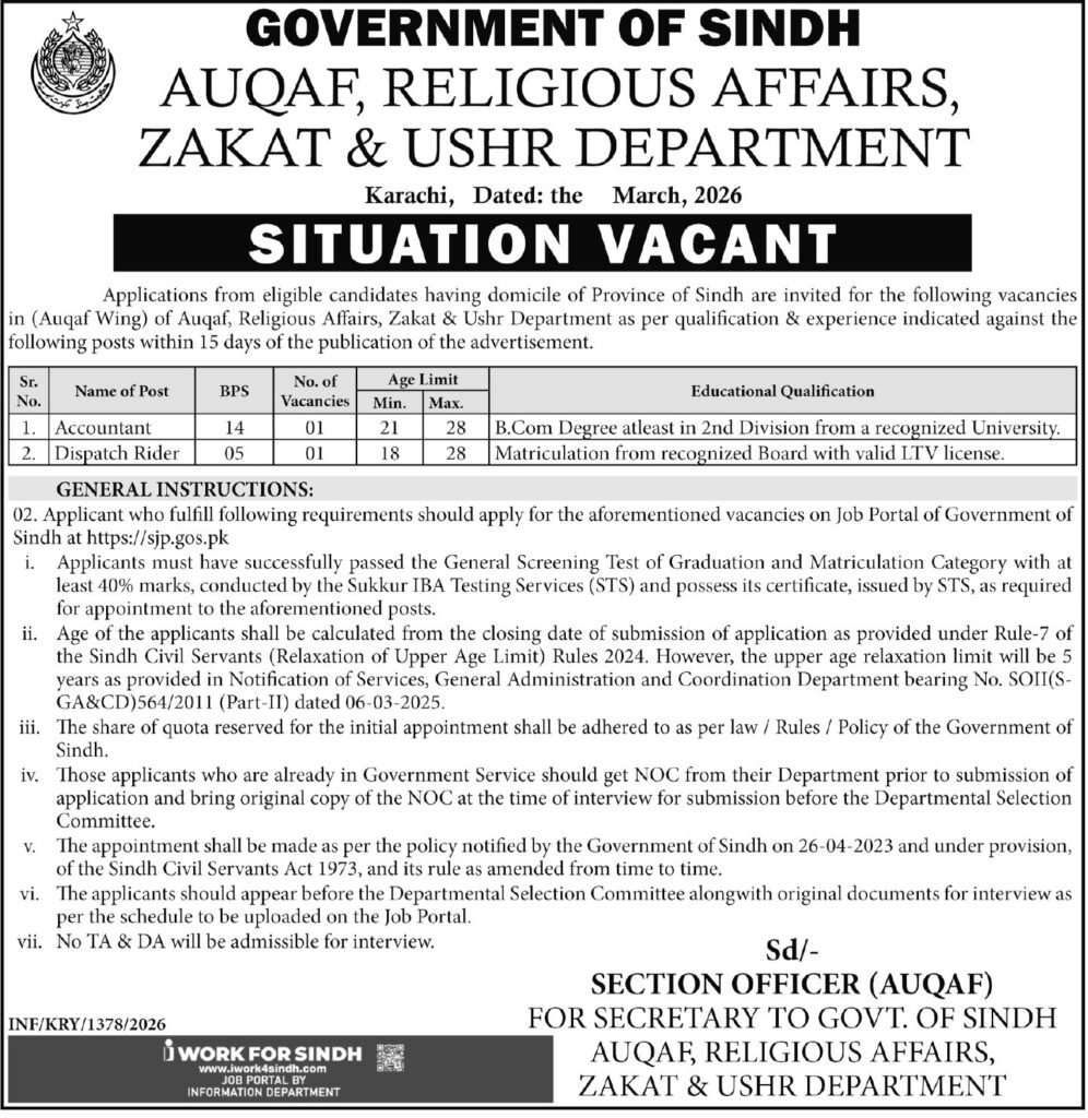 Sindh Auqaf Religious Affairs Zakat and Ushr Department Jobs 2026