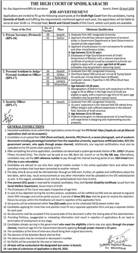 Sindh Government Jobs At The High Court Of Sindh
