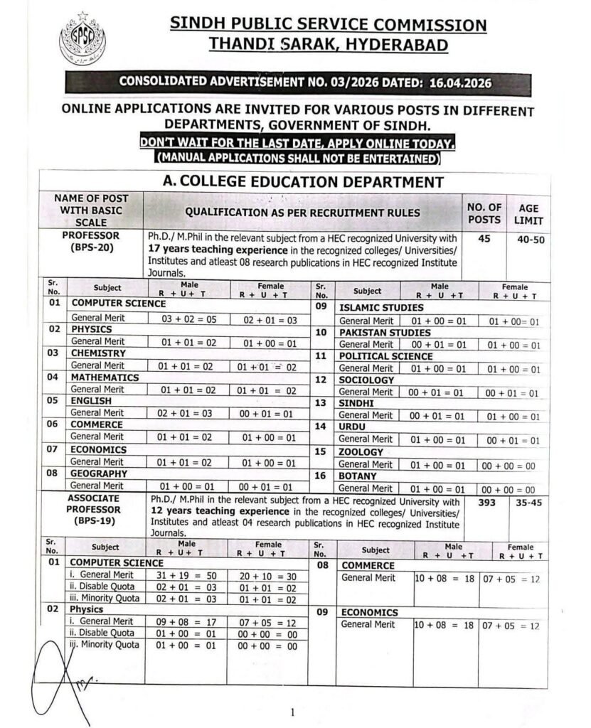 Sindh Public Service Commission SPSC Jobs 2026 Advertisement No 3