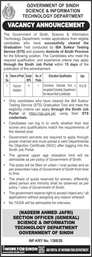 Sindh Science and Information Technology Department Jobs 2026
