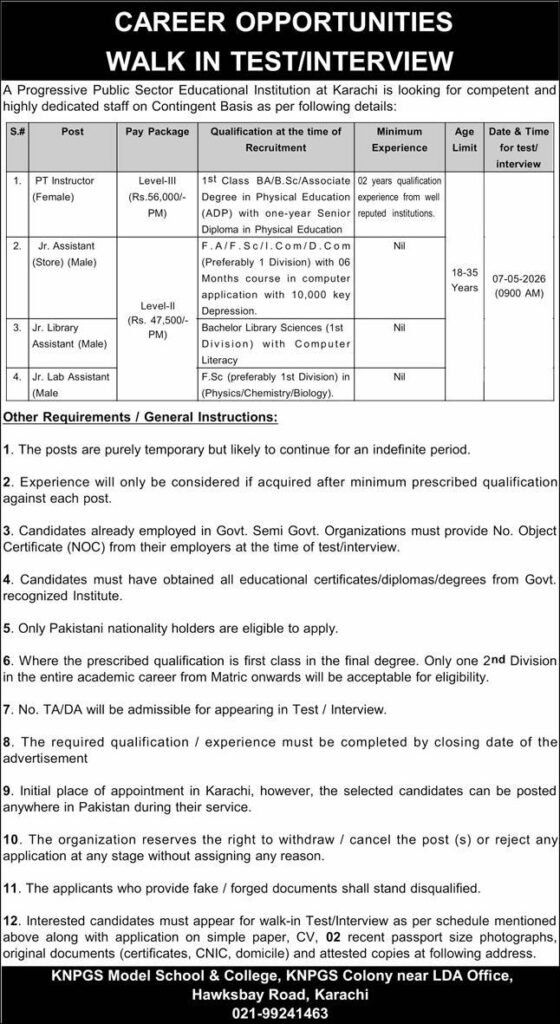 Today Public Sector Educational Institution Jobs in Sindh 2026