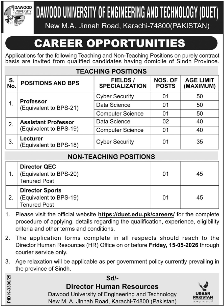 Dawood University Of Engineering & Technology DUET Jobs 2026
