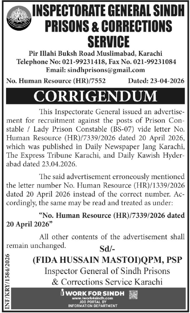 Inspectorate General Sindh Prisons & Corrections Jobs 2026
