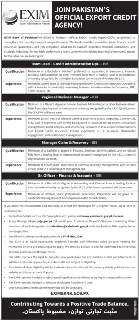 Latest Exim Bank of Pakistan Bank Posts  2026
