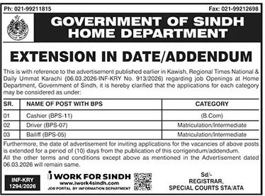 Home Department Sindh Jobs 2026 For Cashier & Driver