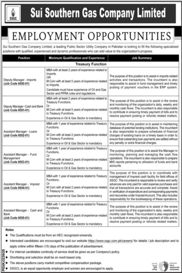 Sui Southern Gas Company Limited SSGC Jobs 2026