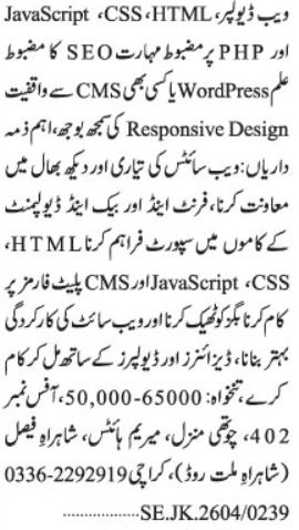 Web Developer & Website Designer Jobs 2026 In Karachi
