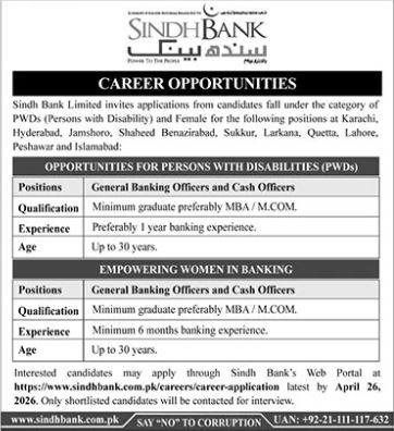 Latest Sindh Bank Limited Management Posts 2026