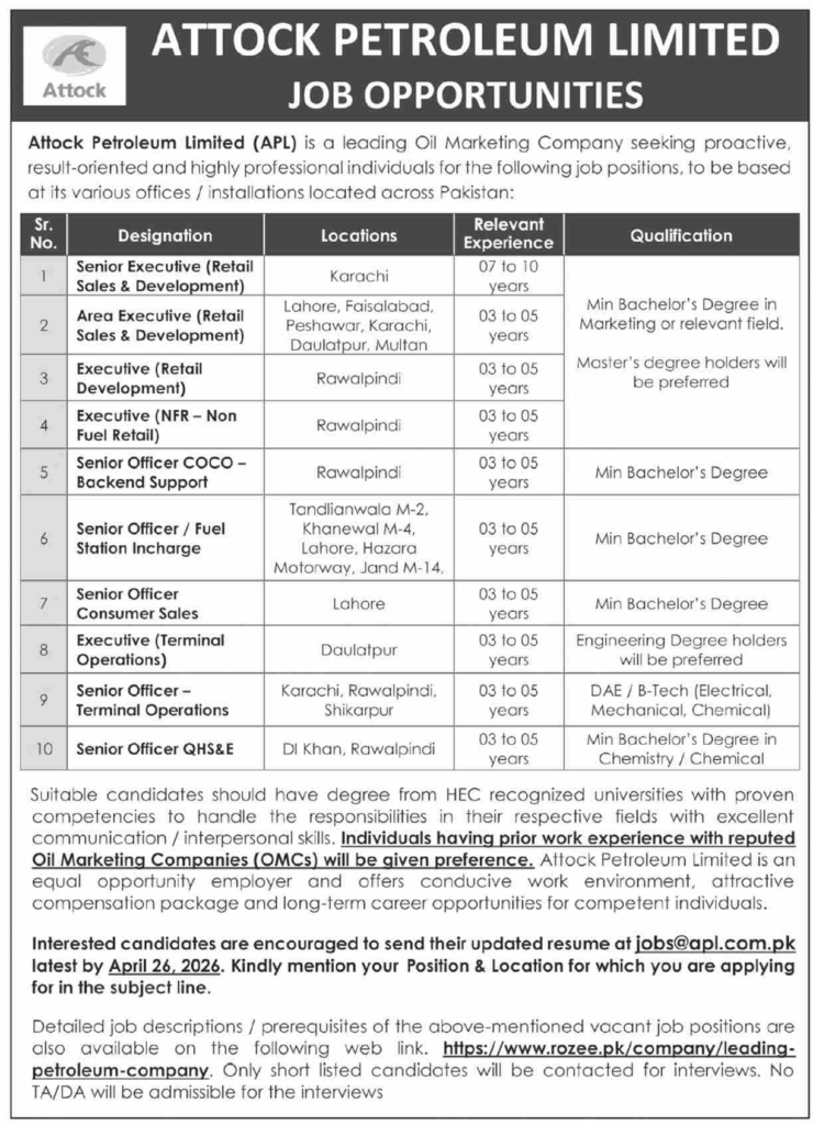 Positions Vacant At Attock Petroleum Limited APL
