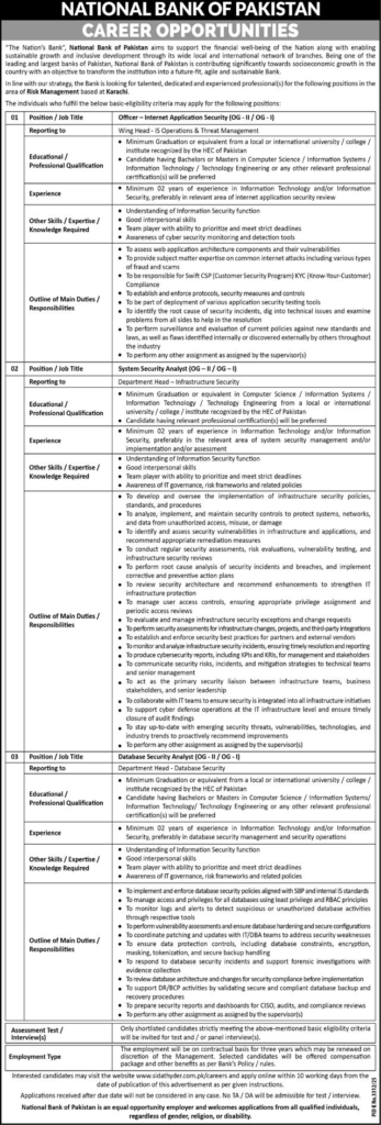 Jobs At National Bank Of Pakistan NBP 