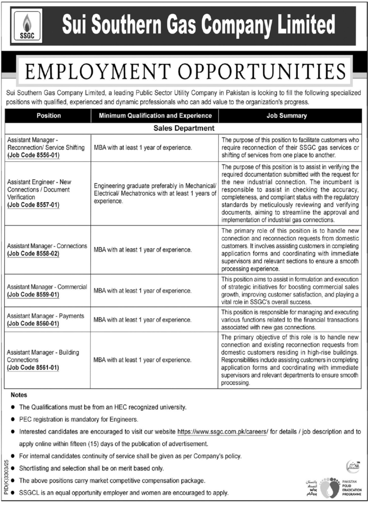 Sui Southern Gas Company Limited SSGC Jobs 