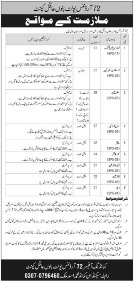 72 Ordnance Unit Pano Aqil Pakistan Amry Jobs 2026