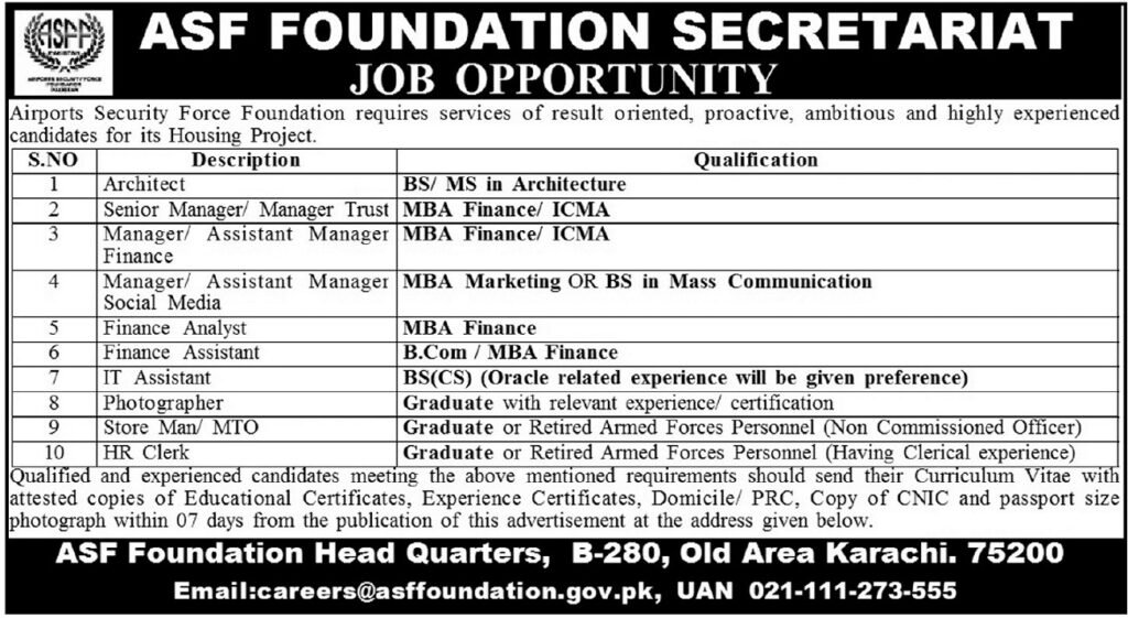 ASF Foundation Secretariat Jobs in Sindh 2026