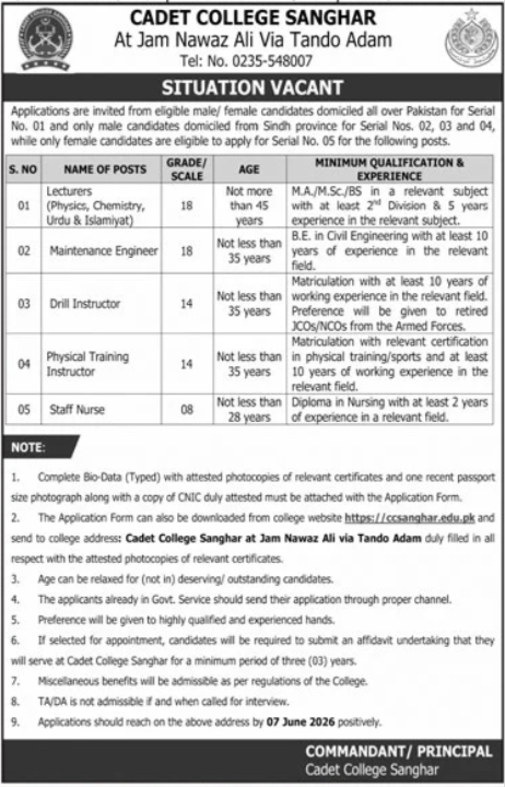 Cadet College Sanghar Career Jobs 2026