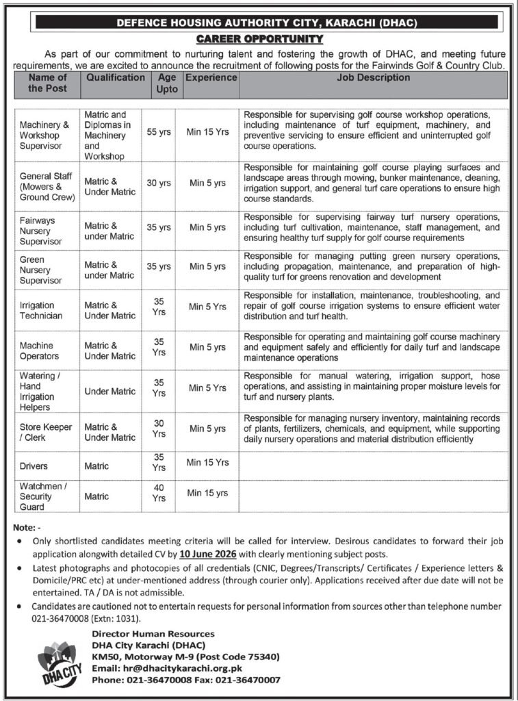 Career at Defence Housing Authority City DHAC Karachi 2026