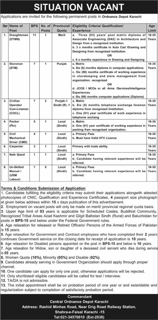 Central Ordnance Depot COD Karachi Jobs in Sindh 2026