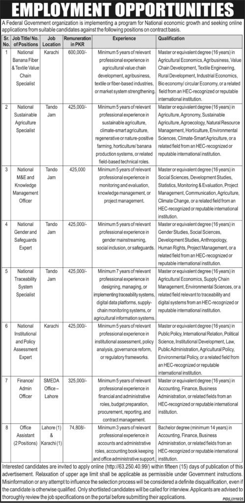 Federal Government Organization Sindh Jobs 2026