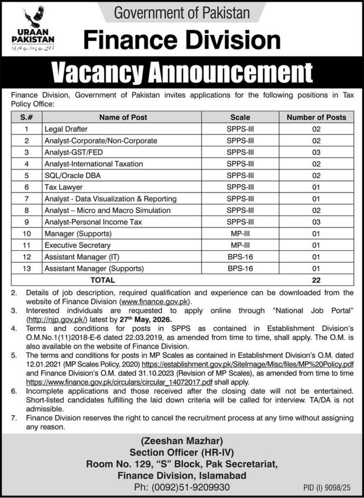 Government Of Pakistan Finance Division Jobs 2026
