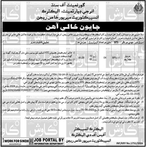 Job Posts at Energy Department Sindh Mirpurkhas 2026