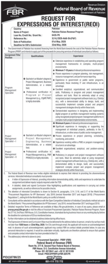 Jobs in Federal Board Of Revenue FBR May 2026