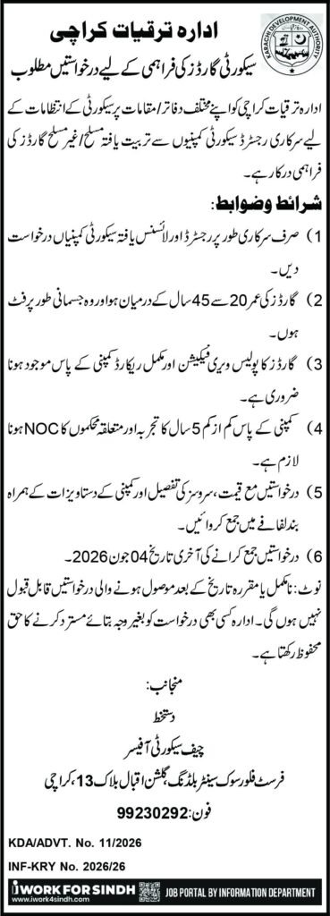Karachi Development Authority KDA Security Guard Jobs 2026