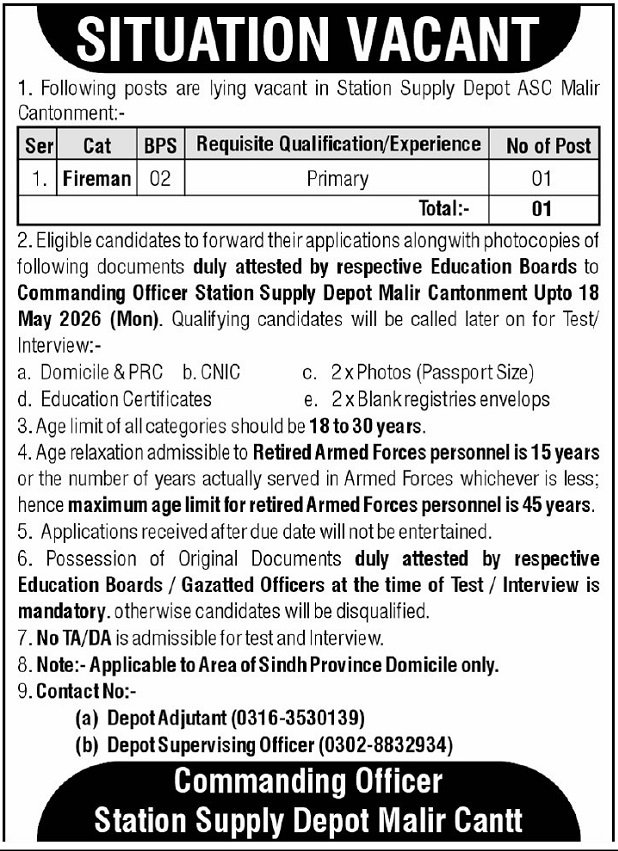 Latest Station Supply Depot Sindh Jobs 2026