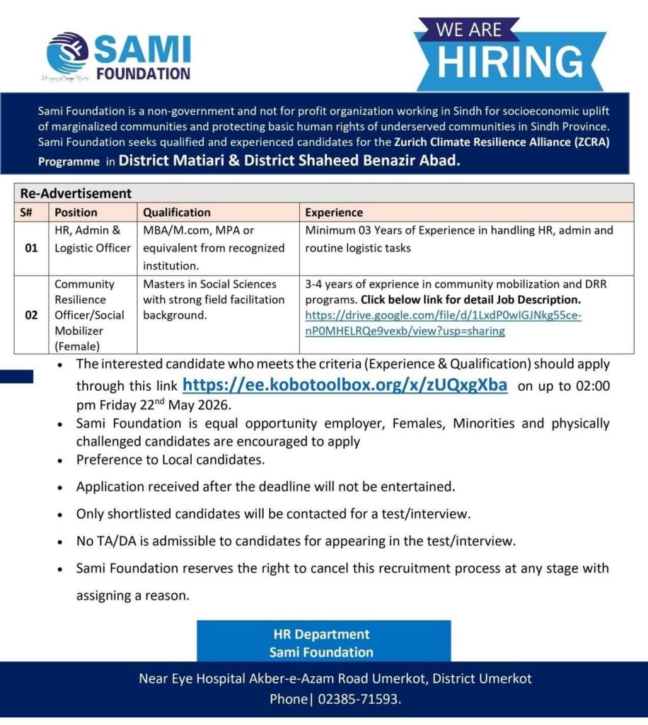 Sami Foundation Job Opportunities in Sindh NGO 2026