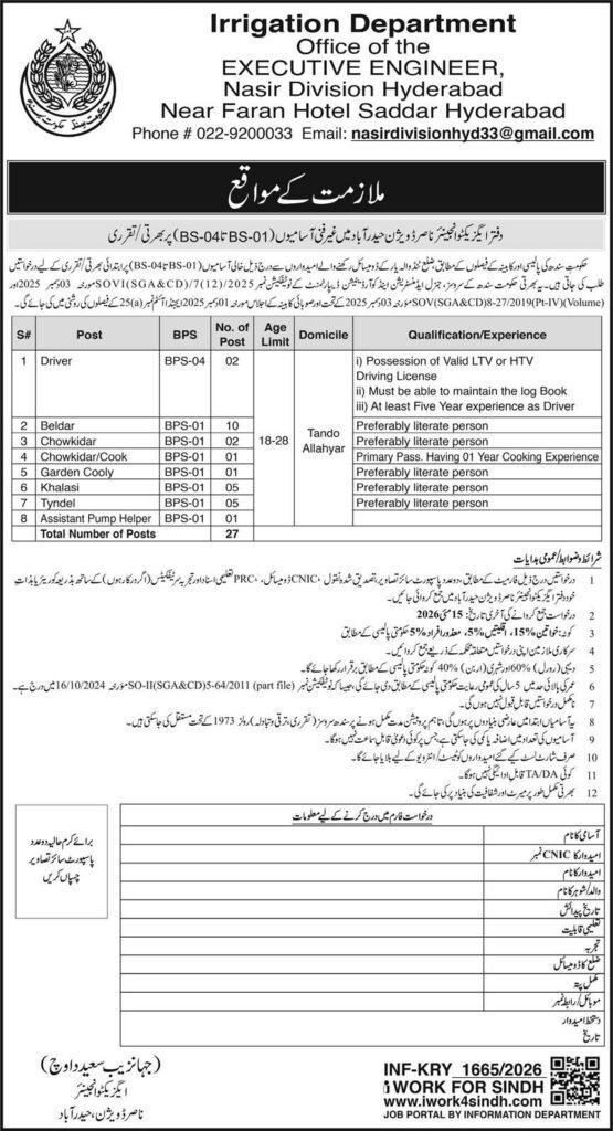 Sindh Government Irrigation Department Jobs at SJP 2026