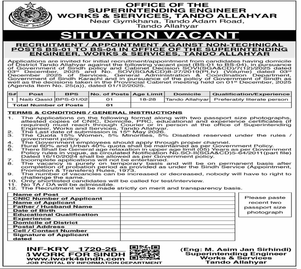 Sindh Works and Services Department Tando Allahyar Jobs 2026