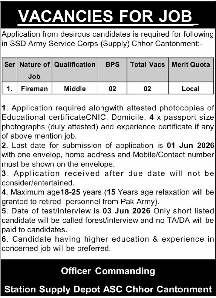 Station Supply Depot Pakistan Army Jobs in Umerkot 2026