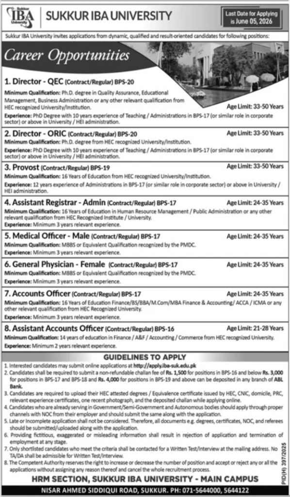 Sukkur IBA University Main Campus Sukkur Jobs 2026
