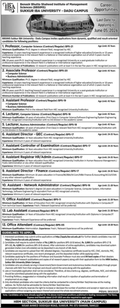 Sukkur Institute Of Business Administration Dadu Campus Jobs 2026