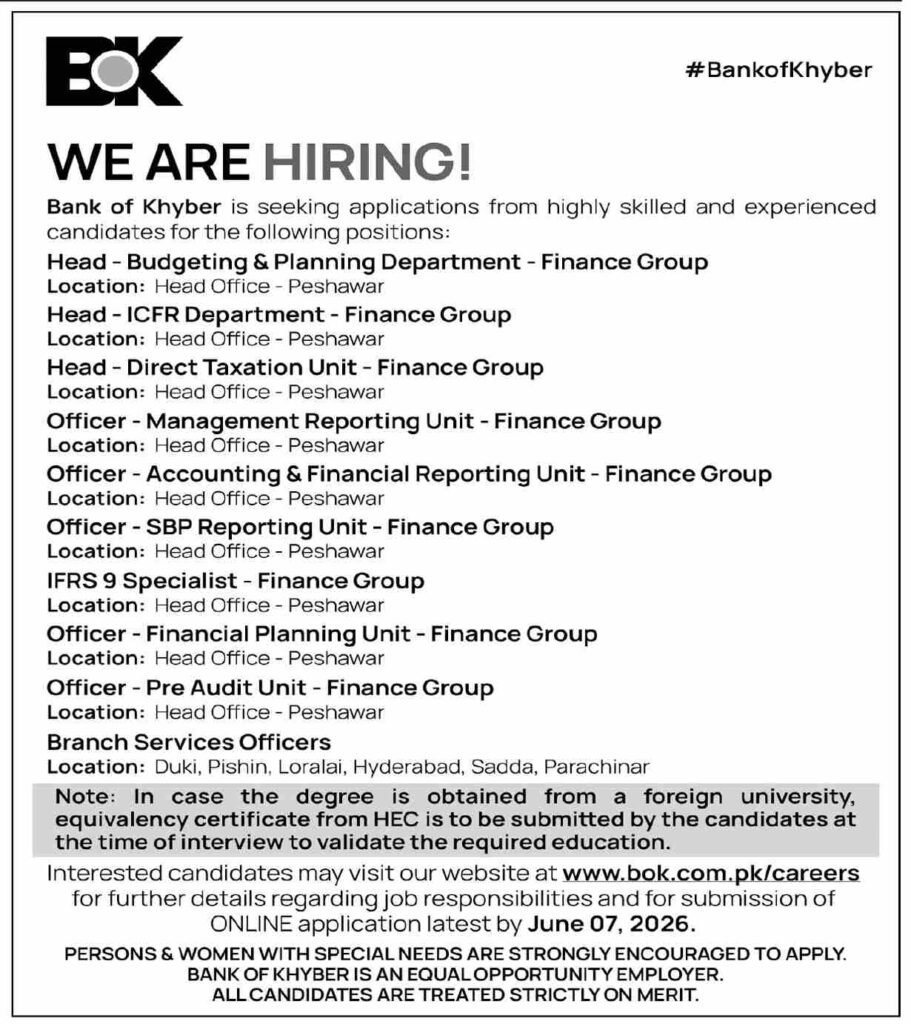 The Bank Of Khyber BOK Hyderabad Jobs 2026