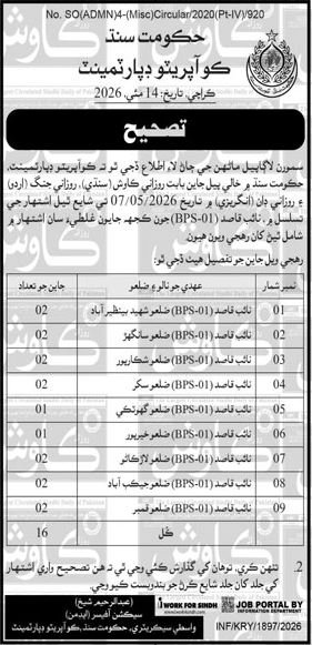 Urgent Cooperatives Department Sindh Jobs 2026