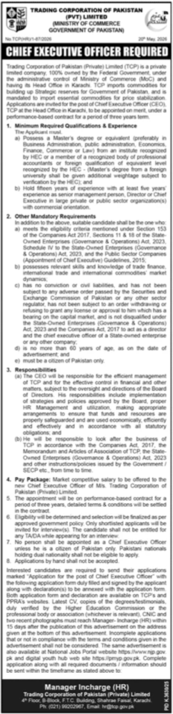 Trading Corporation Pakistan Jobs Top CEO Opportunity