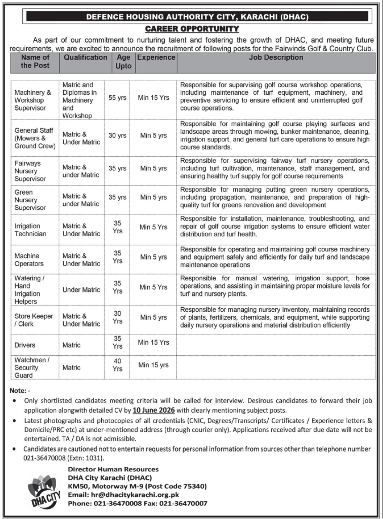 Defence Housing Authority City DHAC Karachi Jobs 2026