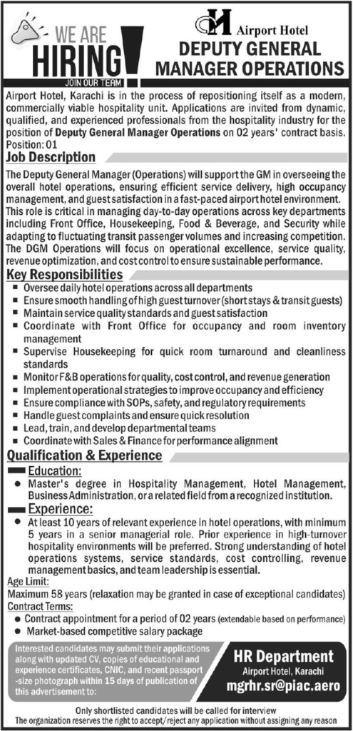 Deputy General Manager Operations Jobs 2026 In Airport Hotel