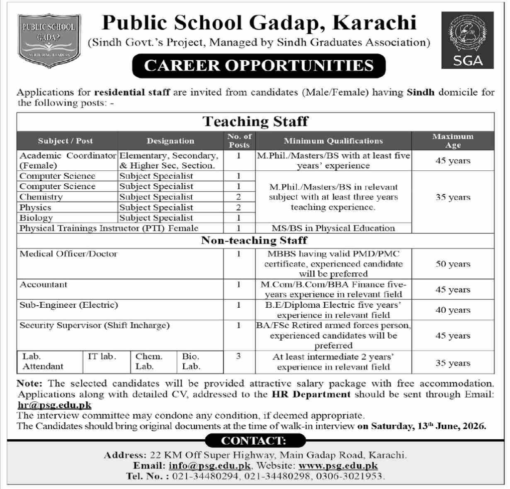 Public School Gadap  Jobs 2026 Apply Now!