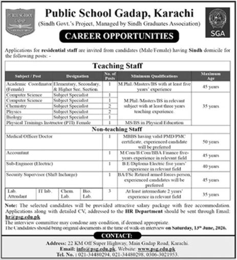 Public School Gadap Jobs 2026 For Teachers & Doctors
