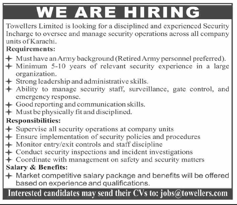 Security Incharge Job Secure Your Career at Towellers