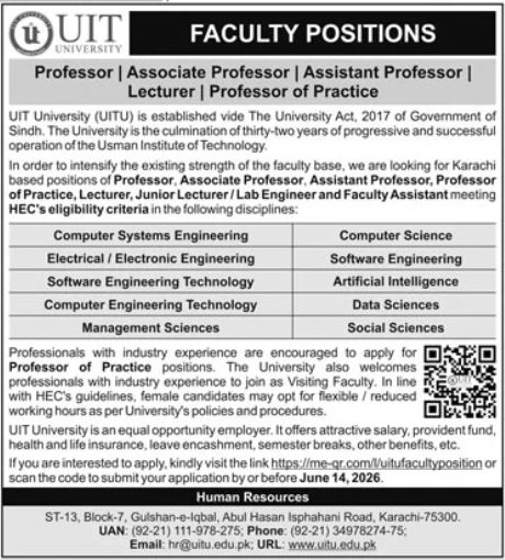 Usman Institute Of Technology UIT Jobs 2026